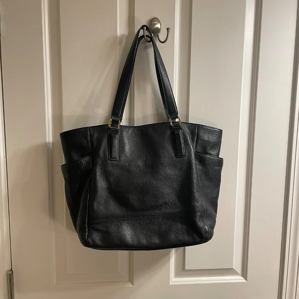 Kenneth Cole Black Leather Tote with Gold Hardware - Picture 3 of 14